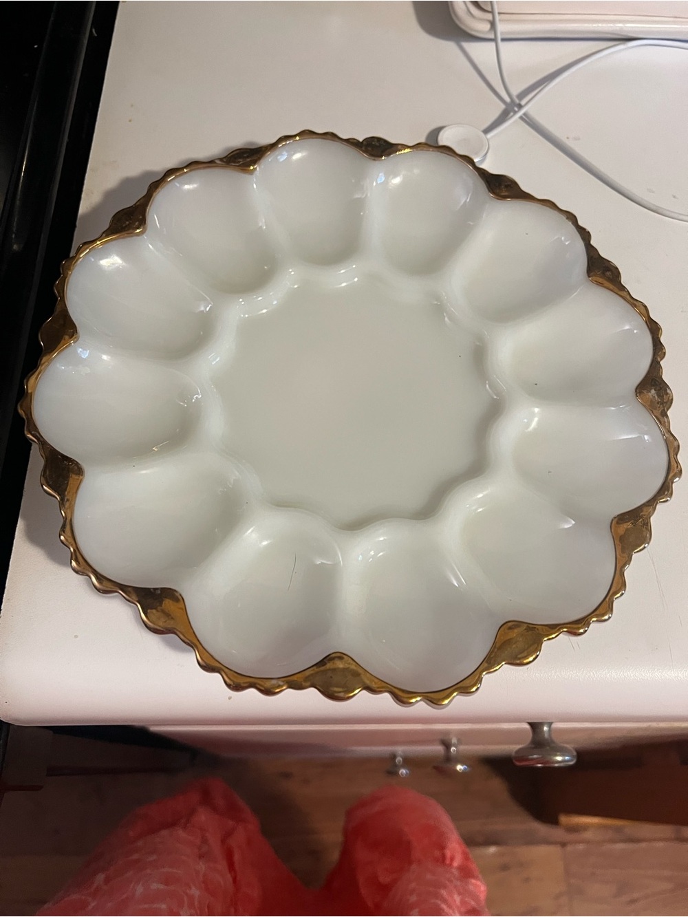 Milk glass White and Gold Egg Tray Serving Platter - Elegant Home Dining